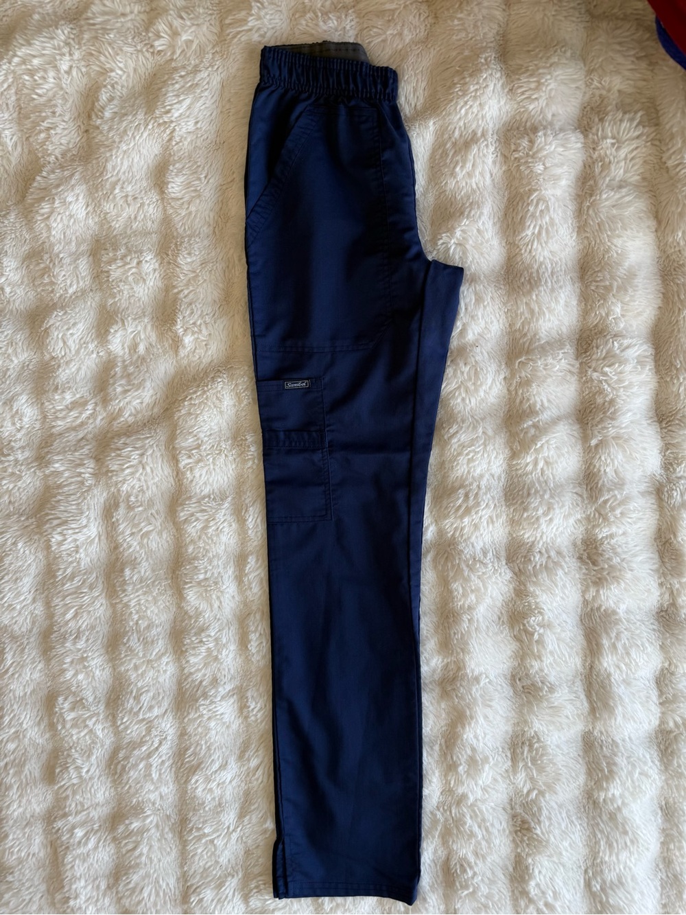 Sanibel straight-leg women's navy scrub pants with elastic waist.